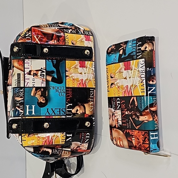 Magazine Cover Collage patent leather Backpack & Wallet Set - Picture 2 of 8